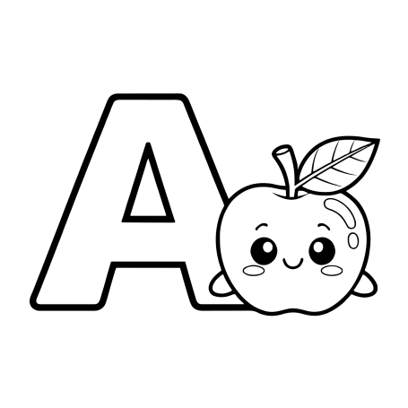 A cheerful apple character next to the letter "A" in a playful style.