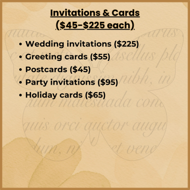 List of invitations and cards with pricing for various types: wedding, greeting, postcards, etc.