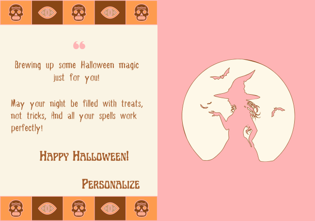 Halloween greeting card featuring a witch silhouette and festive text.