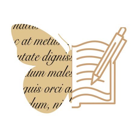 Butterfly beside a notepad and pen, symbolizing creativity and writing.