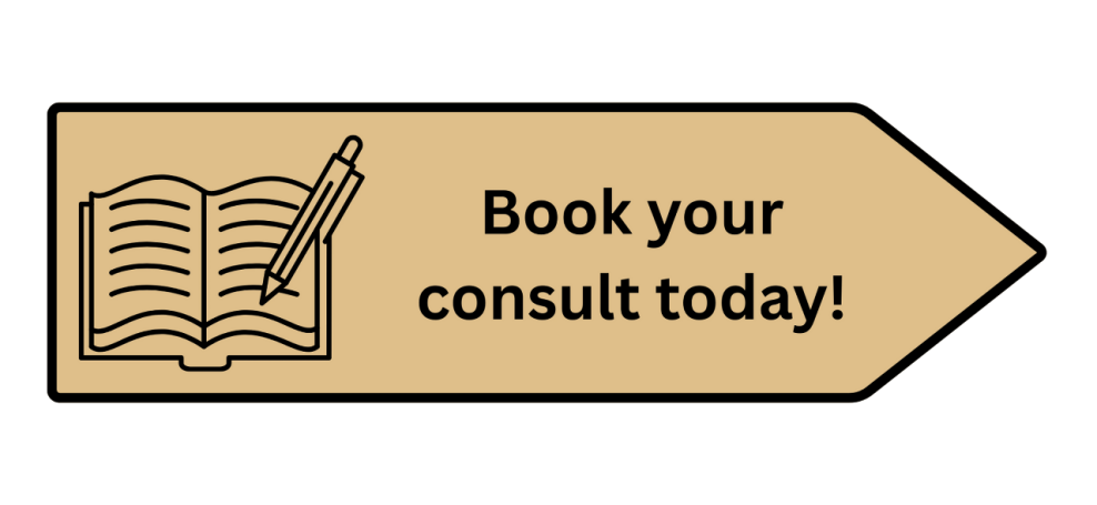 Sign featuring an open book and pen, with text encouraging to book a consultation.