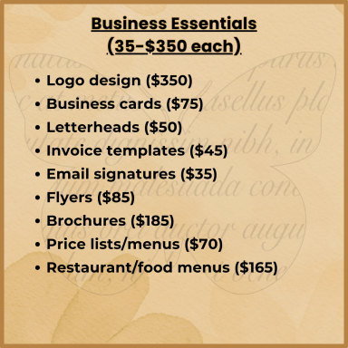 List of business essentials with corresponding prices.
