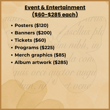 List of event and entertainment pricing for various promotional materials.