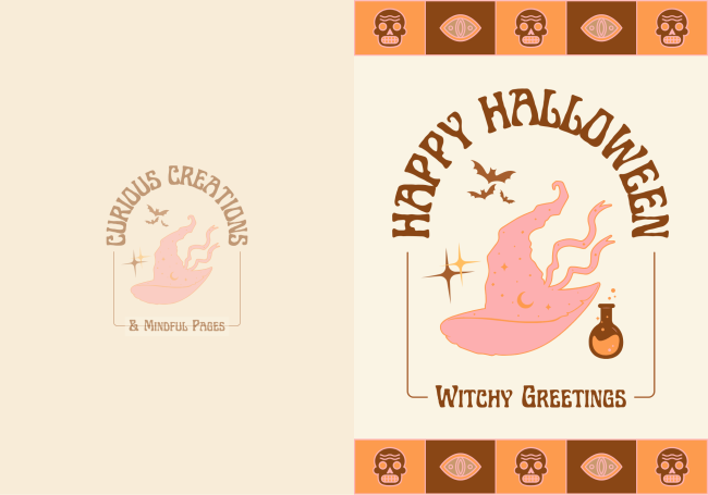 "Happy Halloween greeting card featuring a ghostly figure and potion symbols."