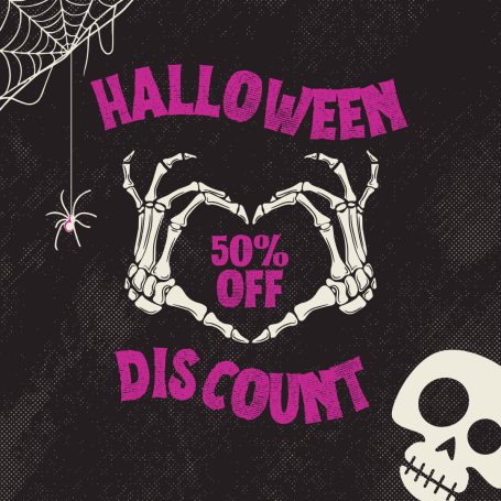 Halloween discount poster featuring skeleton hands making a heart, 50% off text.