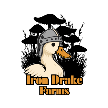 A cartoon duck wearing a helmet among mushrooms with the text "Iron Drake Farms."