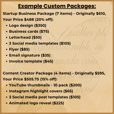 Custom package options with prices and discounts for startup and content creator packages.