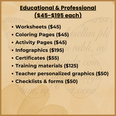 List of educational and professional materials with pricing details.
