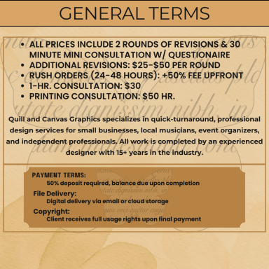 Pricing details for design services, including revisions and consultation fees.