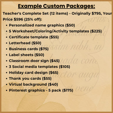 Text listing custom package options and prices for teachers' resources.