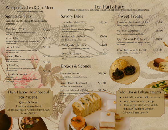 Menu featuring various food items, including snacks, desserts, and dishes with prices.