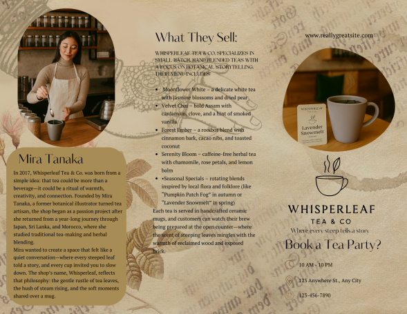 A woman holds a tea menu next to a cup of tea in a cozy café setting.