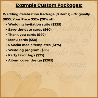List of custom wedding packages with prices and items included.